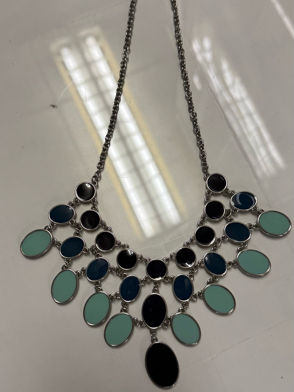 Silver Multi-Teal & Navy Statement Bib Necklace Jewelry